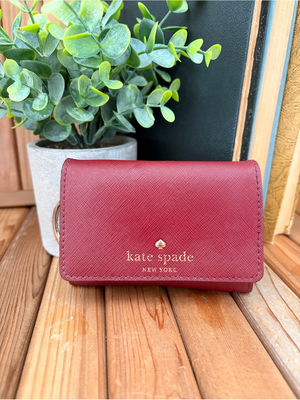 Kate Spade, Dark Cherry Red Saffiano Leather Key Card Wallet, Polka Dot Interior - Picture 2 of 8